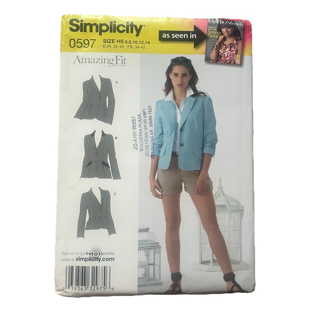 Simplicity 0597 Sewing Pattern Amazing Fit Lined Jacket Blazer 6-14 H5 Cup A B C